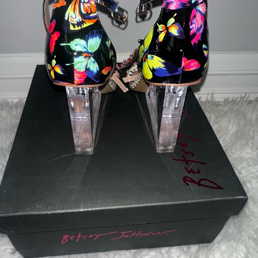 Betsey Johnson Black Heels with Colorful Butterfly Design
